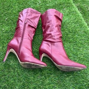 Rouge Helium Red Pointed Toe Mid-Calf Boots High Heels